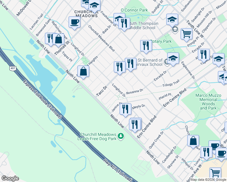 map of restaurants, bars, coffee shops, grocery stores, and more near 5439 Farmcote Drive in Mississauga