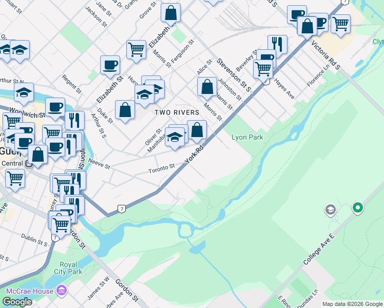 map of restaurants, bars, coffee shops, grocery stores, and more near 178 York Road in Guelph