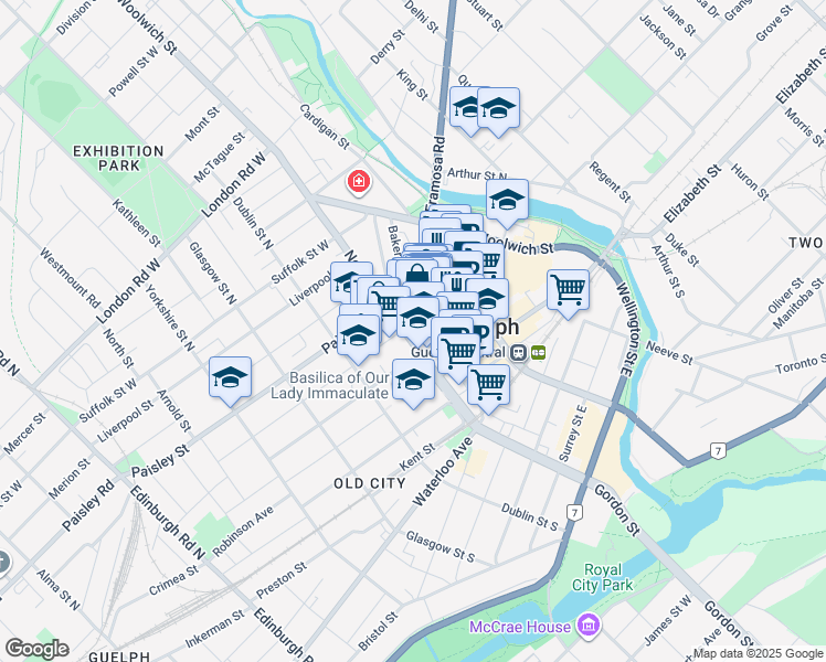 map of restaurants, bars, coffee shops, grocery stores, and more near 27 Quebec Street in Guelph