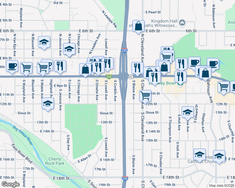 map of restaurants, bars, coffee shops, grocery stores, and more near 312 South Conklin Avenue in Sioux Falls