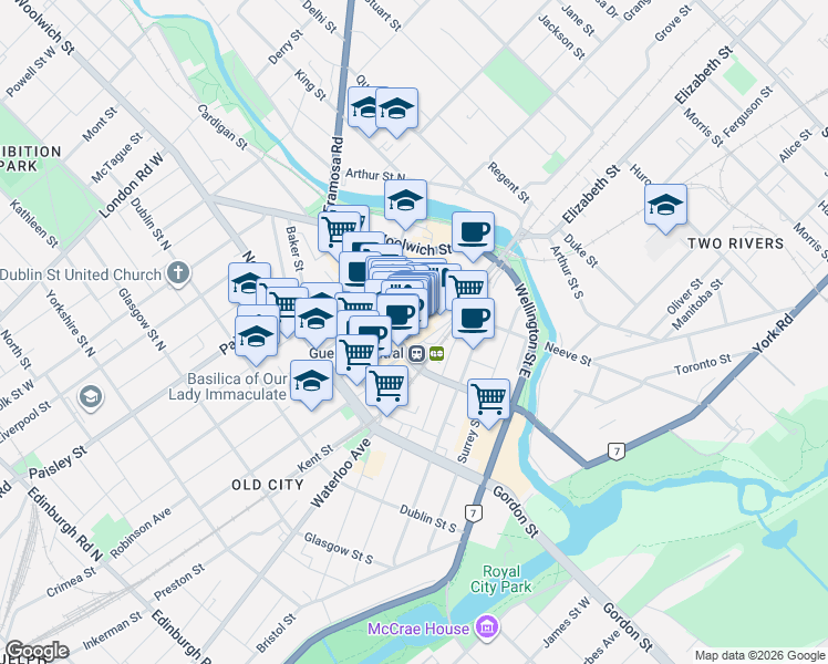 map of restaurants, bars, coffee shops, grocery stores, and more near 75 Macdonell Street in Guelph