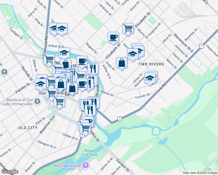 map of restaurants, bars, coffee shops, grocery stores, and more near 93 Arthur Street South in Guelph