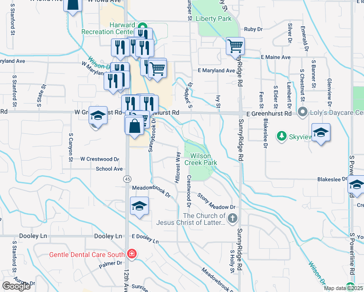 map of restaurants, bars, coffee shops, grocery stores, and more near 2500 Hillcrest Way in Nampa