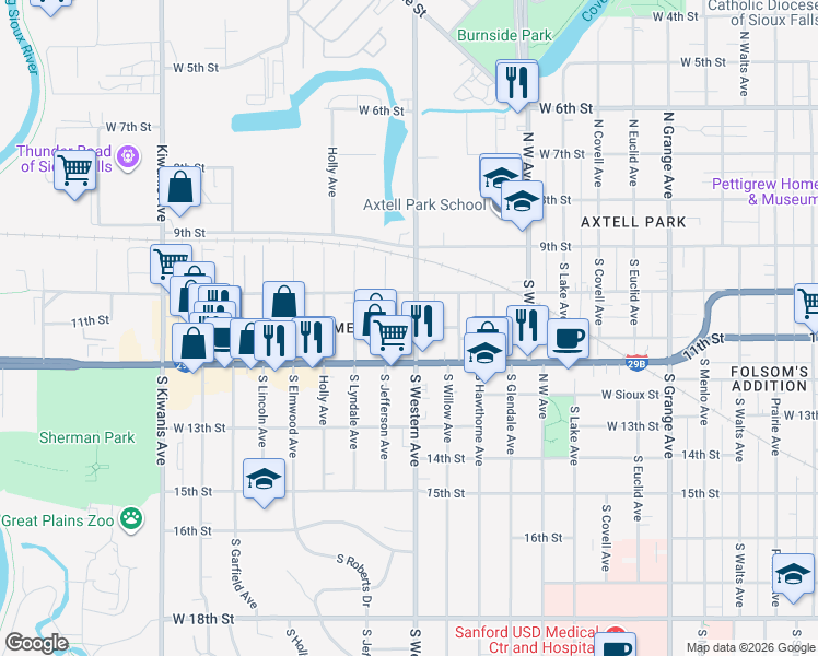 map of restaurants, bars, coffee shops, grocery stores, and more near 301 South Western Avenue in Sioux Falls