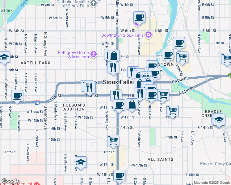 map of restaurants, bars, coffee shops, grocery stores, and more near 225 South Minnesota Avenue in Sioux Falls