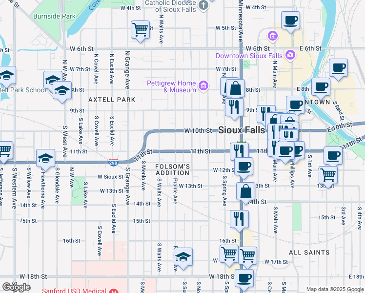 map of restaurants, bars, coffee shops, grocery stores, and more near 716 West 11th Street in Sioux Falls