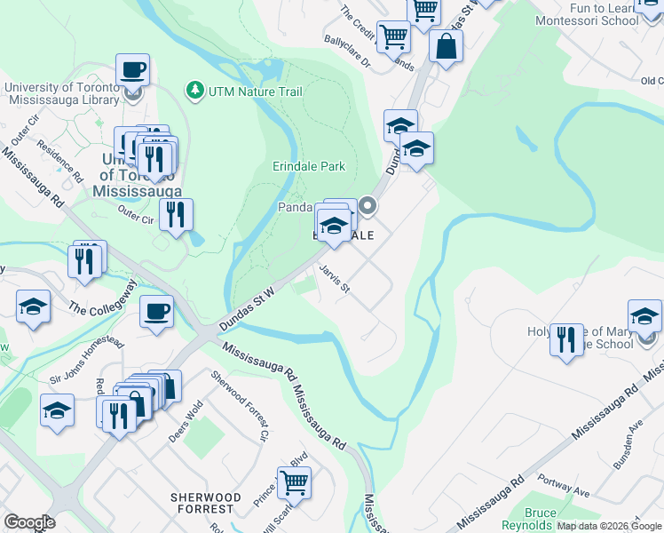 map of restaurants, bars, coffee shops, grocery stores, and more near 2585 Jarvis Street in Mississauga