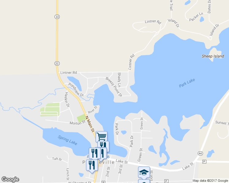 map of restaurants, bars, coffee shops, grocery stores, and more near 501 Breezy Point Drive in Pardeeville