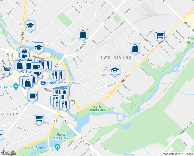 map of restaurants, bars, coffee shops, grocery stores, and more near 164 Arthur Street South in Guelph