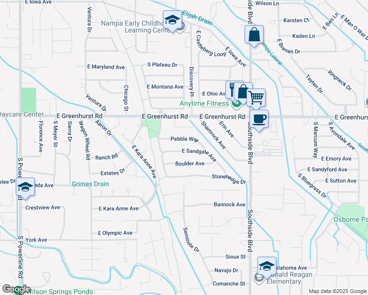 map of restaurants, bars, coffee shops, grocery stores, and more near 2608 East Sandgate Avenue in Nampa