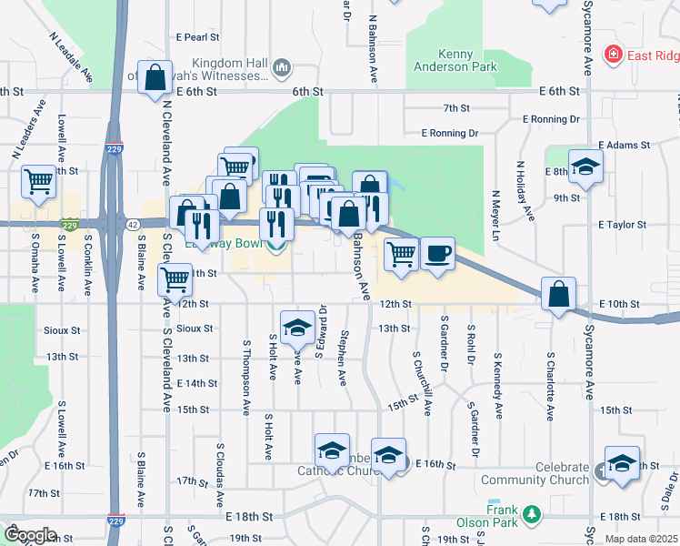 map of restaurants, bars, coffee shops, grocery stores, and more near 3523 East 11th Street in Sioux Falls
