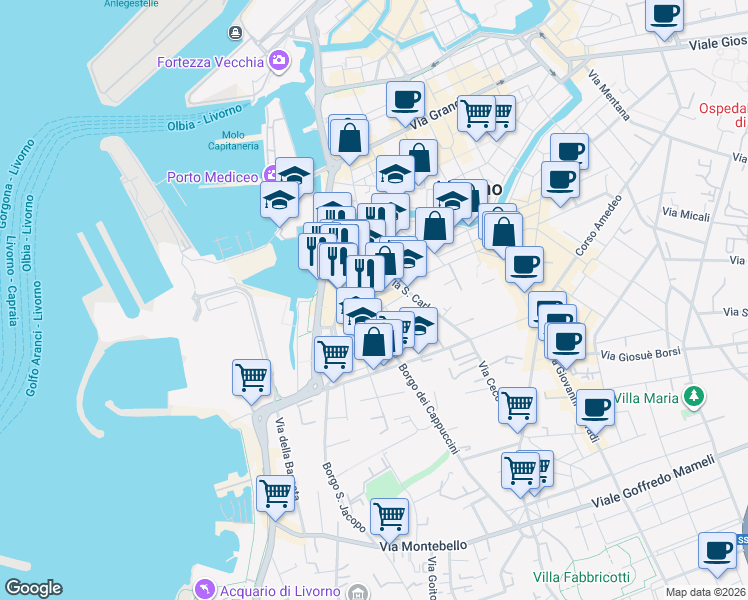 map of restaurants, bars, coffee shops, grocery stores, and more near 187 Via Giuseppe Verdi in Livorno