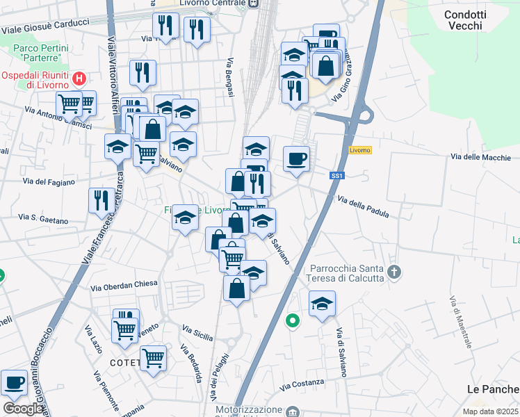 map of restaurants, bars, coffee shops, grocery stores, and more near 10 Via della Padula in Livorno