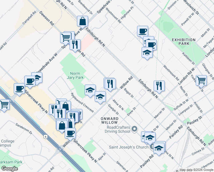 map of restaurants, bars, coffee shops, grocery stores, and more near 32 Dawson Road in Guelph
