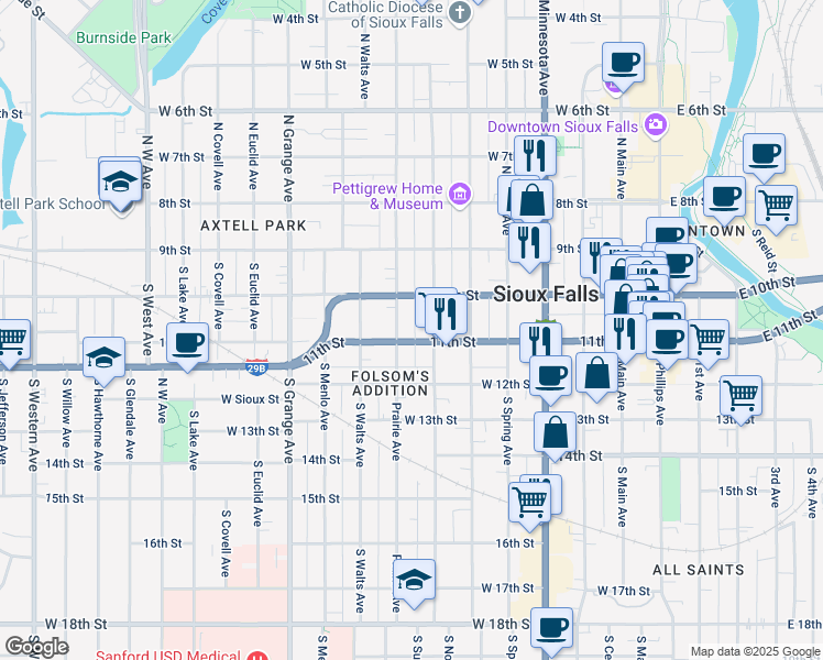 map of restaurants, bars, coffee shops, grocery stores, and more near 716 West 11th Street in Sioux Falls