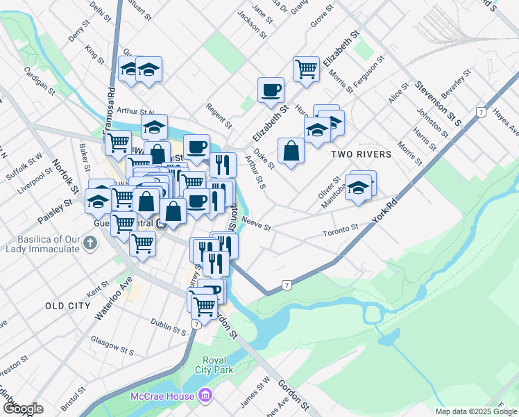map of restaurants, bars, coffee shops, grocery stores, and more near 93 Arthur Street South in Guelph