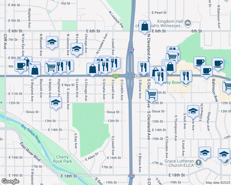 map of restaurants, bars, coffee shops, grocery stores, and more near 308 South Lowell Avenue in Sioux Falls