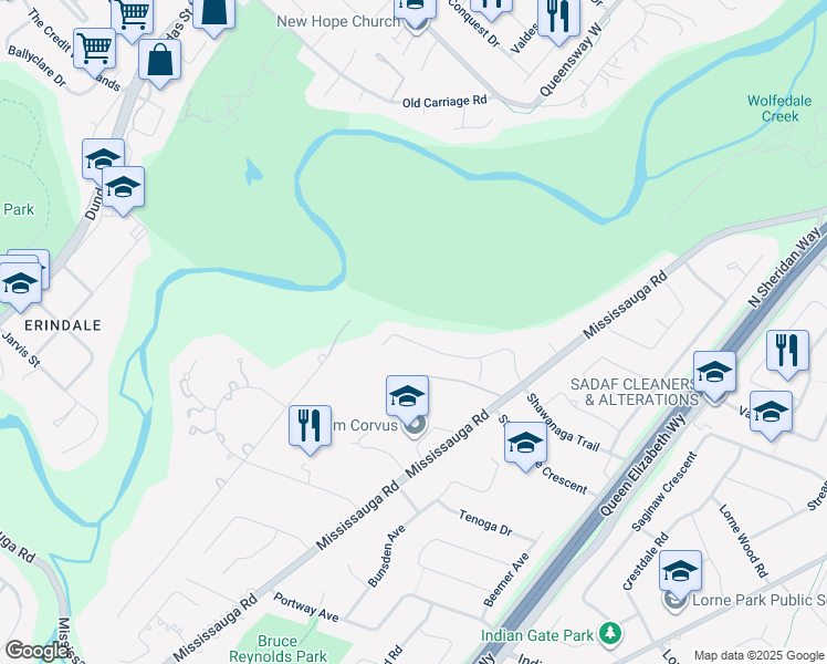 map of restaurants, bars, coffee shops, grocery stores, and more near 2285 Shawanaga Trail in Mississauga
