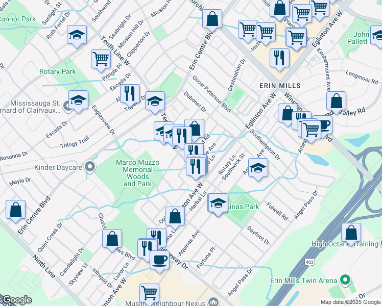 map of restaurants, bars, coffee shops, grocery stores, and more near 3285 Respond Road in Mississauga