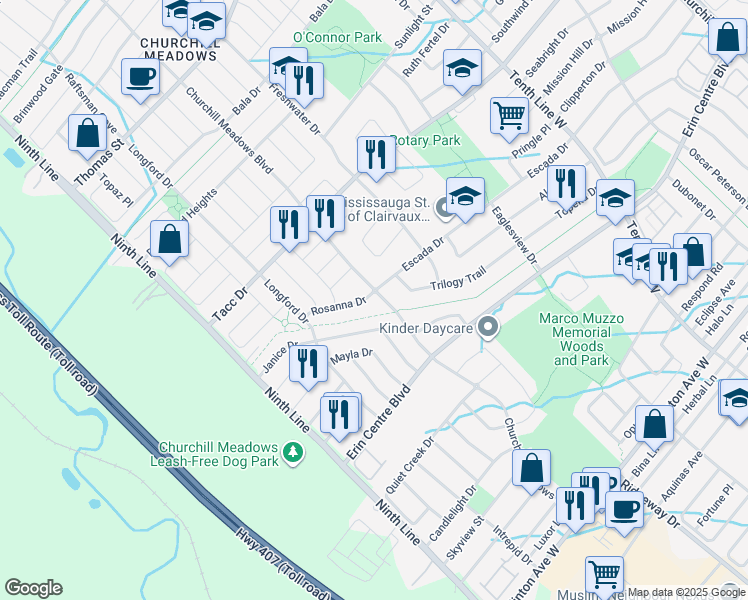 map of restaurants, bars, coffee shops, grocery stores, and more near 5376 Churchill Meadows Boulevard in Mississauga