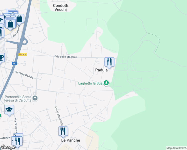 map of restaurants, bars, coffee shops, grocery stores, and more near 46 Via di Scirocco in Livorno