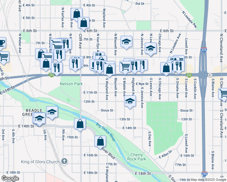 map of restaurants, bars, coffee shops, grocery stores, and more near 327 South Blauvelt Avenue in Sioux Falls