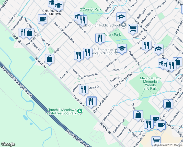 map of restaurants, bars, coffee shops, grocery stores, and more near 5405 Tasha Drive in Mississauga