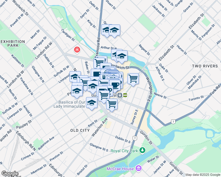 map of restaurants, bars, coffee shops, grocery stores, and more near 20 Wyndham Street North in Guelph