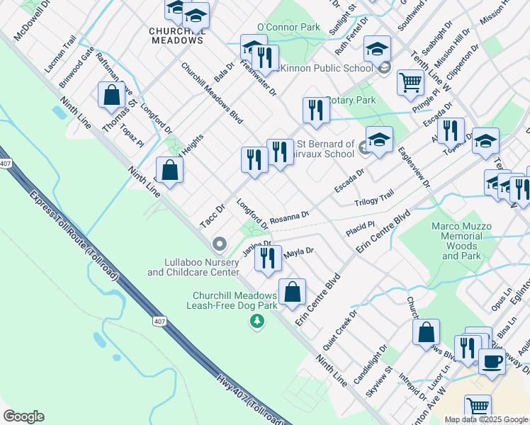 map of restaurants, bars, coffee shops, grocery stores, and more near 5416 Rochelle Way in Mississauga
