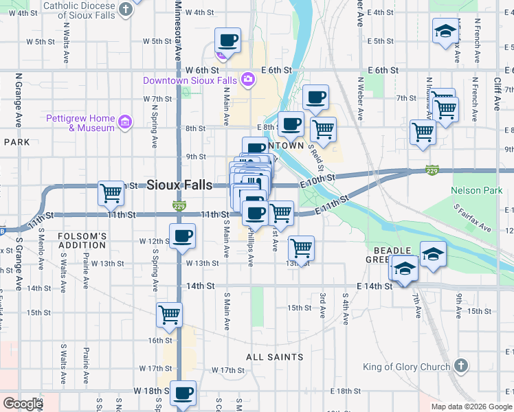 map of restaurants, bars, coffee shops, grocery stores, and more near 108 East 11th Street in Sioux Falls
