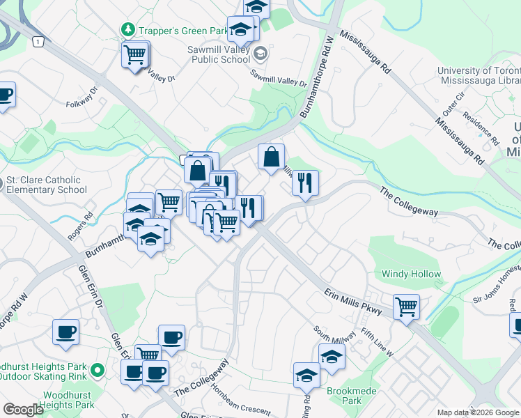 map of restaurants, bars, coffee shops, grocery stores, and more near 2079 The Collegeway in Mississauga