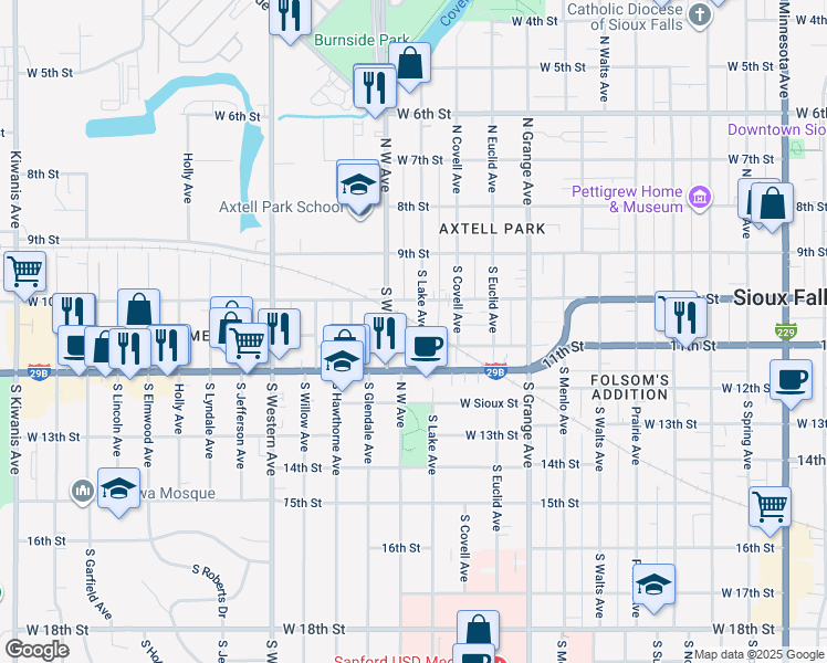 map of restaurants, bars, coffee shops, grocery stores, and more near 209 South Lake Avenue in Sioux Falls