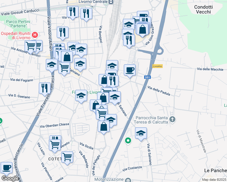 map of restaurants, bars, coffee shops, grocery stores, and more near 10 Via della Padula in Livorno