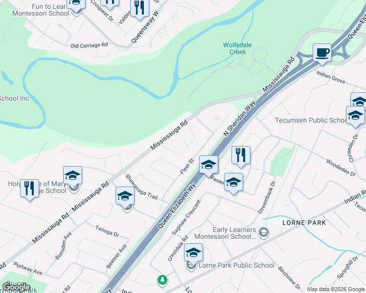 map of restaurants, bars, coffee shops, grocery stores, and more near 2064 Almira Court in Mississauga