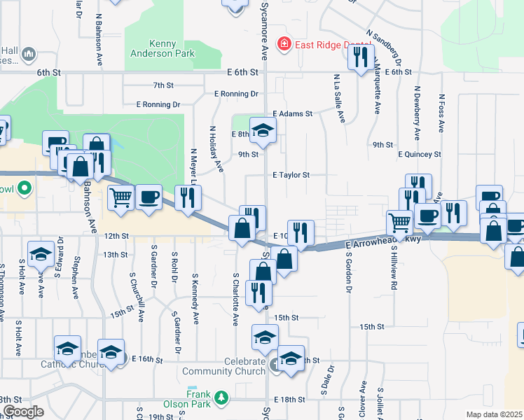 map of restaurants, bars, coffee shops, grocery stores, and more near 313 South Sycamore Avenue in Sioux Falls