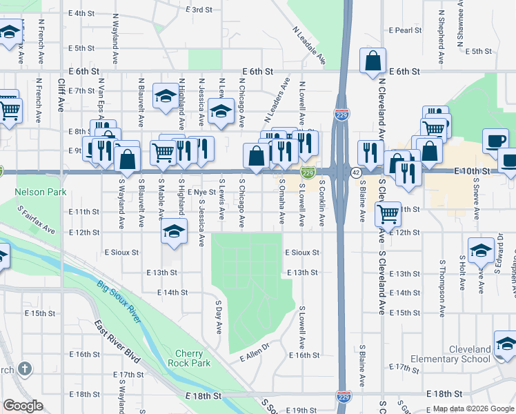 map of restaurants, bars, coffee shops, grocery stores, and more near 319 South Street Paul Avenue in Sioux Falls