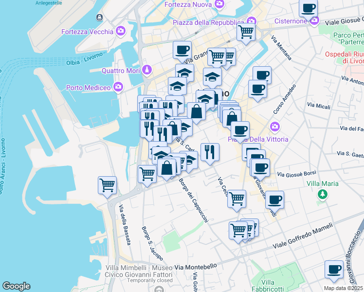 map of restaurants, bars, coffee shops, grocery stores, and more near 44 Via Carrozzieri in Livorno