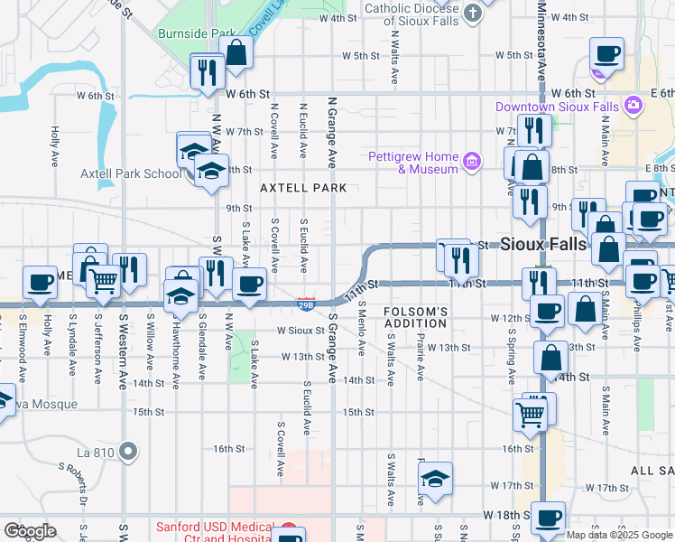 map of restaurants, bars, coffee shops, grocery stores, and more near 266 South Grange Avenue in Sioux Falls