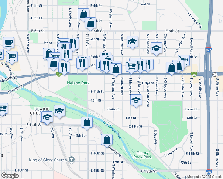 map of restaurants, bars, coffee shops, grocery stores, and more near 317 South Wayland Avenue in Sioux Falls