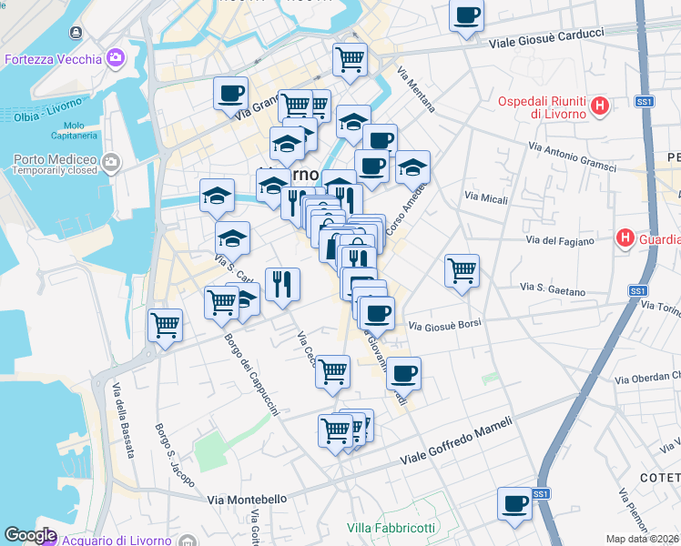 map of restaurants, bars, coffee shops, grocery stores, and more near 44 Via Enrico Mayer in Livorno