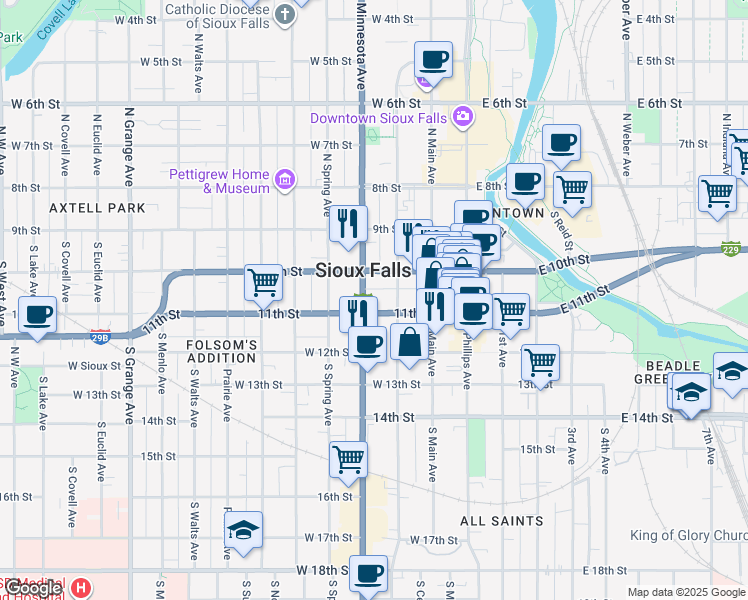 map of restaurants, bars, coffee shops, grocery stores, and more near 230 South Minnesota Avenue in Sioux Falls