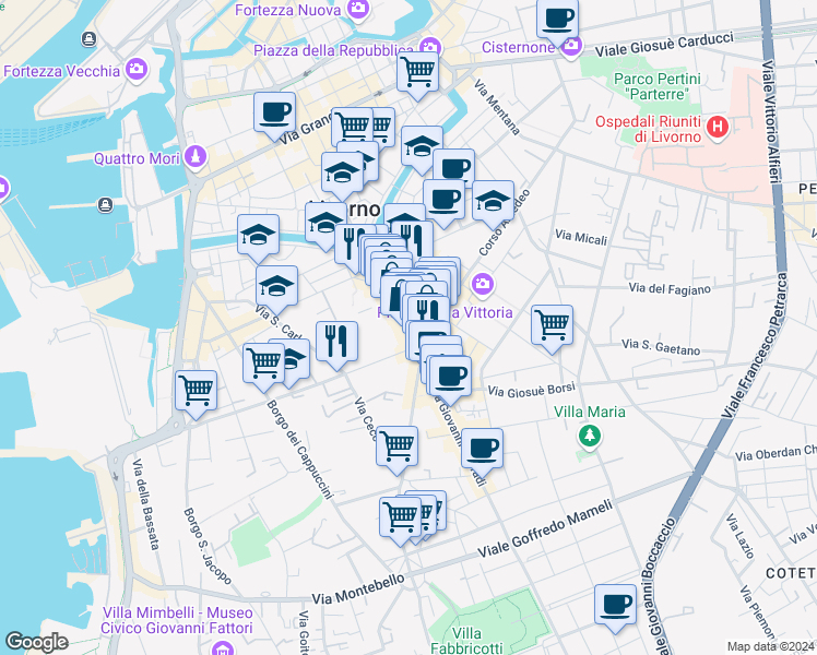 map of restaurants, bars, coffee shops, grocery stores, and more near 44 Via Enrico Mayer in Livorno