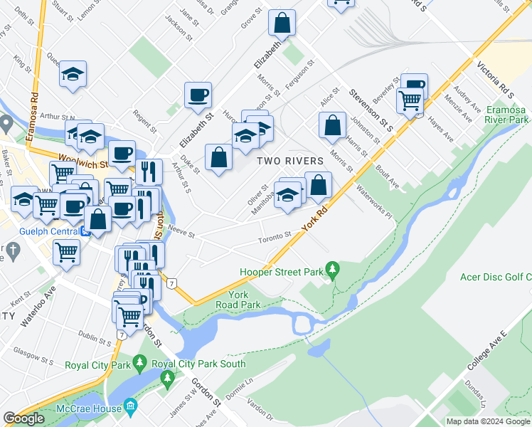 map of restaurants, bars, coffee shops, grocery stores, and more near 98 Ontario Street in Guelph