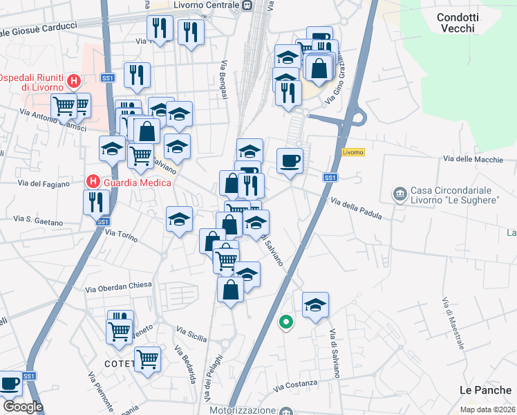 map of restaurants, bars, coffee shops, grocery stores, and more near 10 Via della Padula in Livorno