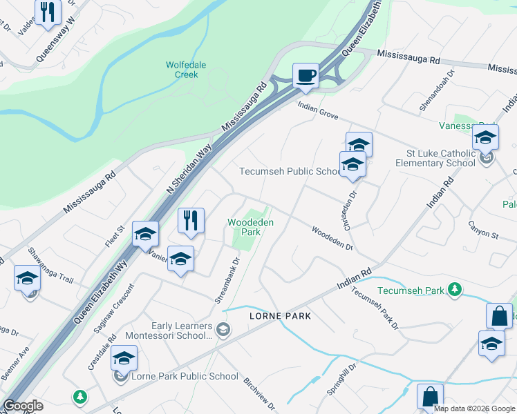 map of restaurants, bars, coffee shops, grocery stores, and more near 1550 Woodeden Drive in Mississauga