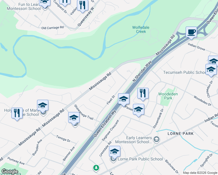 map of restaurants, bars, coffee shops, grocery stores, and more near 2064 Almira Court in Mississauga