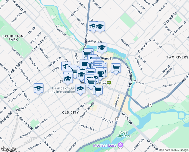 map of restaurants, bars, coffee shops, grocery stores, and more near in Guelph