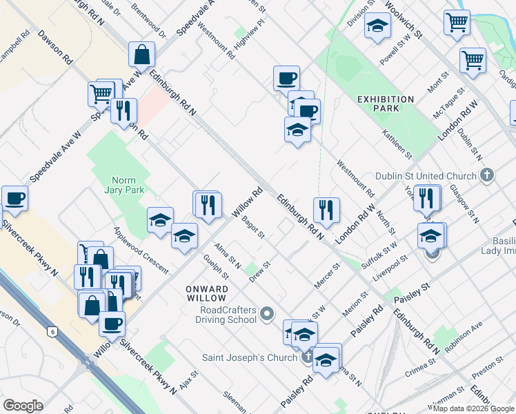 map of restaurants, bars, coffee shops, grocery stores, and more near 16 Willow Road in Guelph