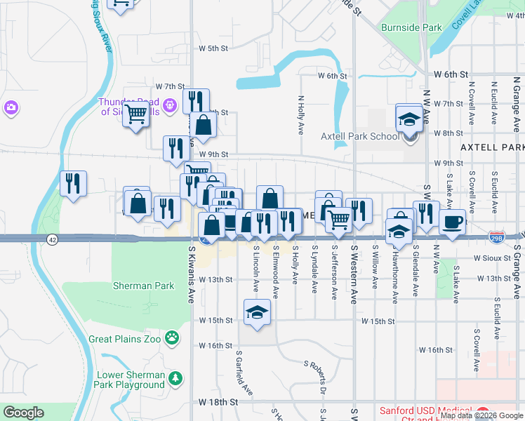 map of restaurants, bars, coffee shops, grocery stores, and more near 225 South Lincoln Avenue in Sioux Falls