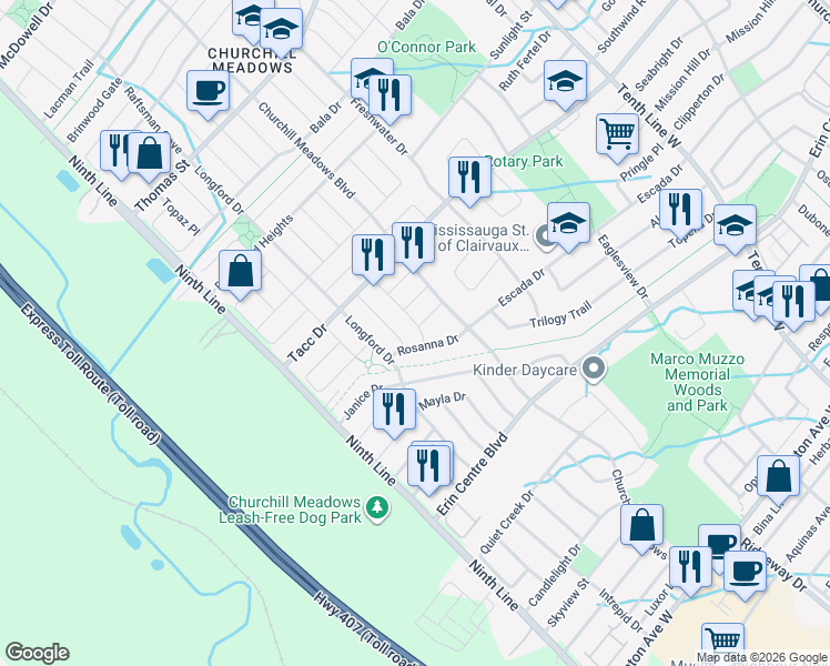 map of restaurants, bars, coffee shops, grocery stores, and more near 5410 Tasha Drive in Mississauga